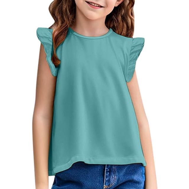 WEIYLL T-Shirts for Girls Basic Ruffle Fly Sleeve Cute Tunic Crewneck Summer Casual Child Tee Tops for 4-5 Years