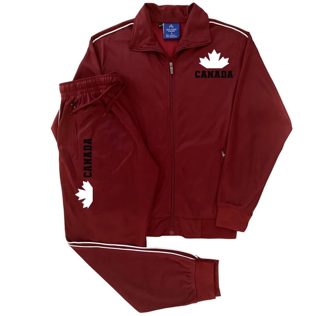 Men's Canada Print Designer Heritage Tracksuit featuring a full zip-up track jacket with stand collar and two zippered side pockets, paired with trimmed jogger track pants with two zippered side pockets. Both pieces showcase a bold Canada print and maple leaf design in a deep red color. Made by Royal Threads, this tracksuit is ideal for spring and fall weather and suitable for men's activewear.