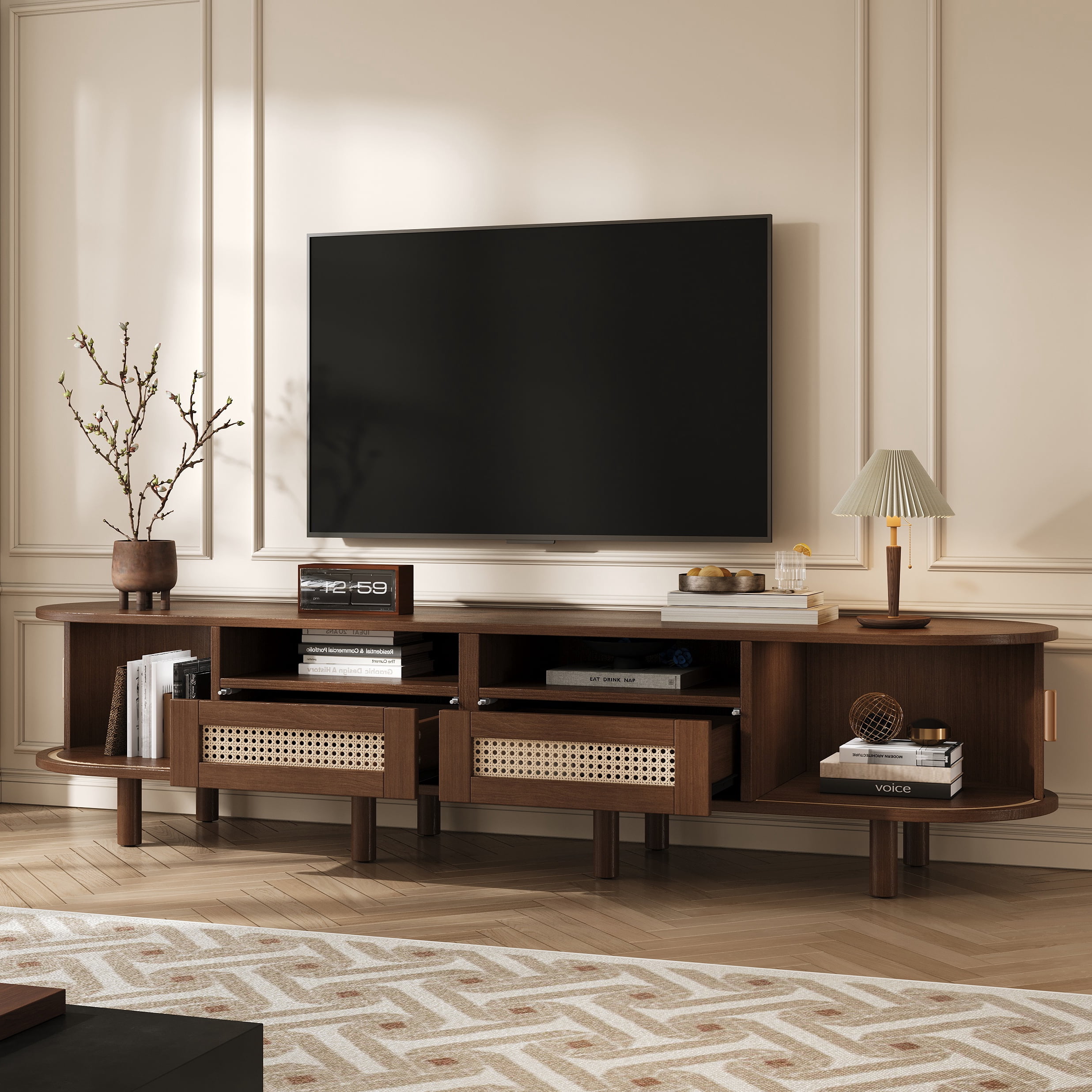 Meuble TV maison Noble 64.9" avec 2 tiroirs en rotin et 2 portes coulissantes, buffet ovale arrondi pour TV 65", noyer