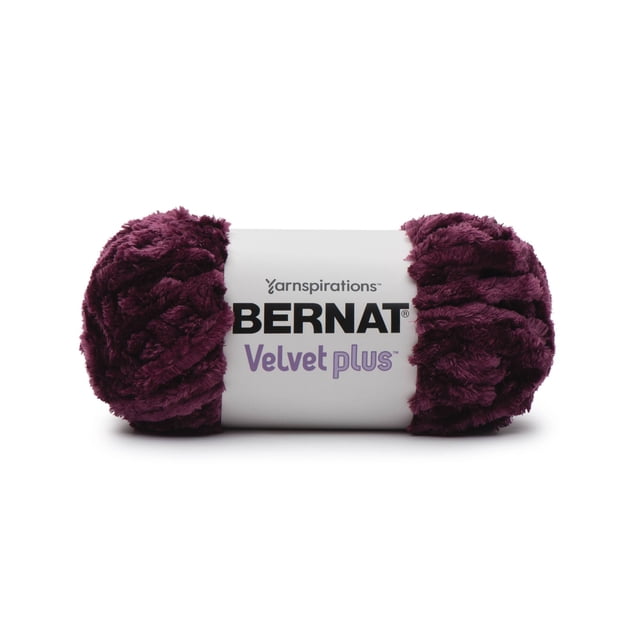 Bernat® Velvet Plus™ Yarn, 100% polyester super bulky #6 yarn in deep plum, 10.5oz/300g skein with plush velvety texture and shine, ideal for fast knitting or crocheting of cozy afghans and pillows, also suitable for soft home accents.
