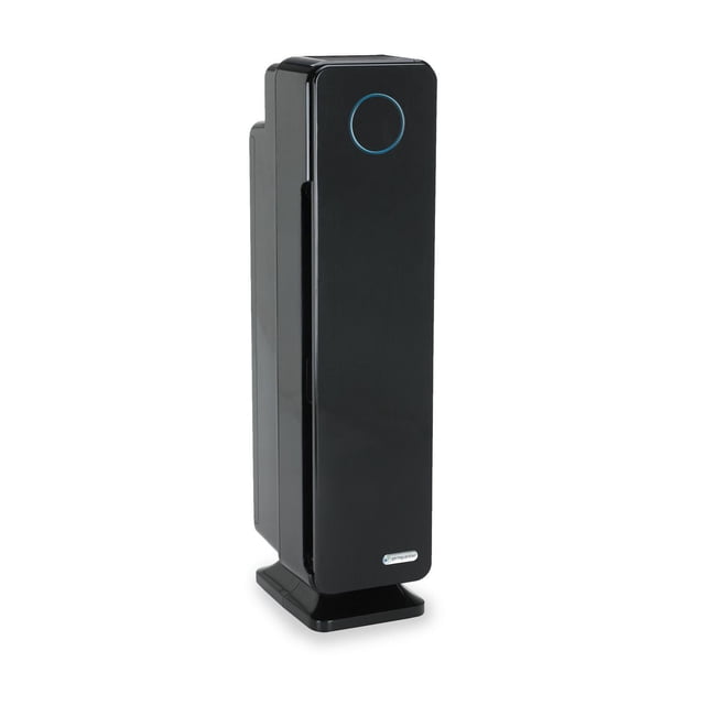 GermGuardian® AC5350 Elite 4-in-1 Air Purifier with a sleek black rectangular tower design, featuring a circular blue LED indicator near the top and GermGuardian logo at the base, equipped with HEPA filtration and UV-C light to capture allergens, fight germs, and reduce odors in medium to large rooms.