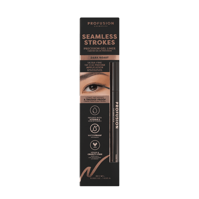 Traceur Gel Sans Coutures - Torréfaction Foncée par Profusion Cosmetics, un Traceur Gel de Précision Brun Espresso Riche avec une Pointe ultra-fine Inclinée pour une application Précise, Longue Durée, Imperméable et Anti-Bavures. Infusé de Vitamine E, Végane et Sans Cruauté, Présenté en Emballage Noir et or rose avec un Gros Plan des Yeux. Convient Aussi pour Créer de Subtiles Lignes Serrées Ou des Ailes Fumées.