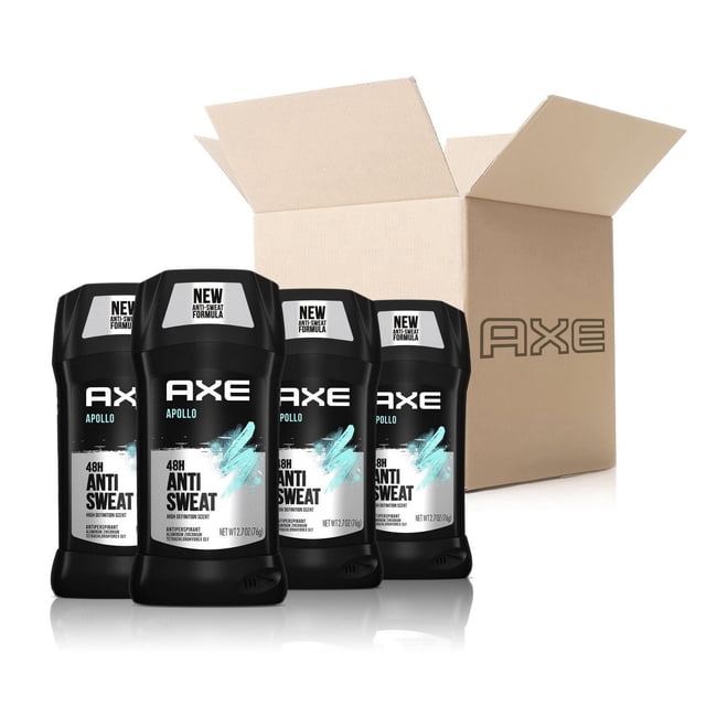 AXE Apollo Antiperspirant Stick Value Pack with four black 2.7 oz sticks featuring new anti-sweat formula and 48-hour sweat and odor protection, scented with sage and cedarwood, arranged in front of an open cardboard box branded with AXE logo.