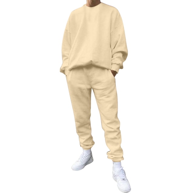 Kcodviy Male Casual Solid Two Light Suits for Men Piece Suit O Neck Men Suit off Shoulder Sleeve Sweatshirt Men Suits Slim Drawstring Pocket Pants Set