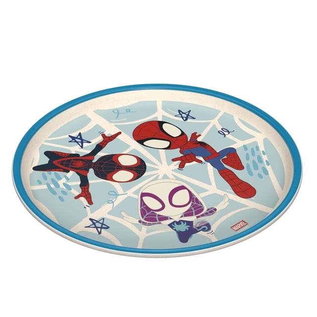 Zak Designs Spiderman 8" Plate made of durable melamine and bamboo with a blue rim, featuring colorful artwork of three Spider-Man characters on a light blue web pattern. The 8-inch plate has a raised rim to help prevent spills, is dishwasher safe, and suitable for kids, often used as a fun serving plate for snacks.