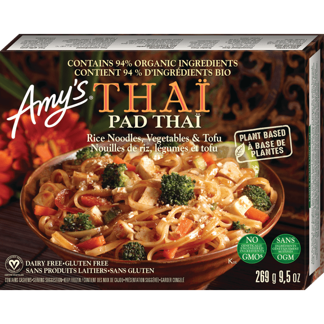 Amy's Kitchen Pad Thai frozen meal with broad rice noodles, organic house-made tofu, broccoli, carrots, and baked cashews in a bowl, plant-based, dairy-free, gluten-free, and non-GMO, 269g package ideal for a quick organic dinner.