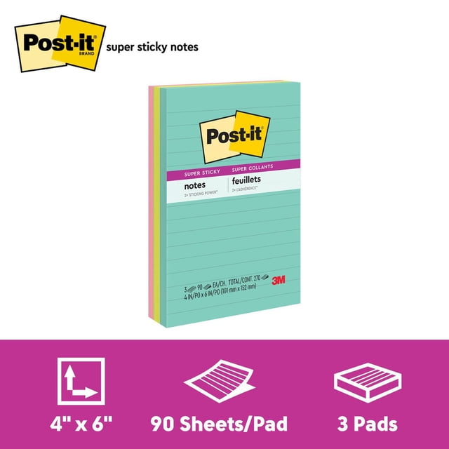 Post-it® Super Sticky Notes Miami Collection, lined, 4 in x 6 in (10 cm x 15 cm), 90 sheets per pad, 3 pads pack, showing a stack of three pastel-colored pads with a teal front pad featuring the Post-it logo and lined paper design, suitable for organizing notes and reminders.