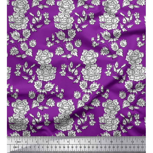Soimoi Crepe Silk Fabric Leaves & Floral Block Print Fabric by The Yard 42 Inch Wide