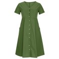 thumbnail image 2 of QUYUON Robe en Lin Femme Été Décontractée Col en V Manches Courtes Chemise Boutonnée Robes Invitée de Mariage Cocktail Fête Robe Trapèze Mini avec Poches Robe de Plage Soleil Style D-3443 Vert G, 2 of 8