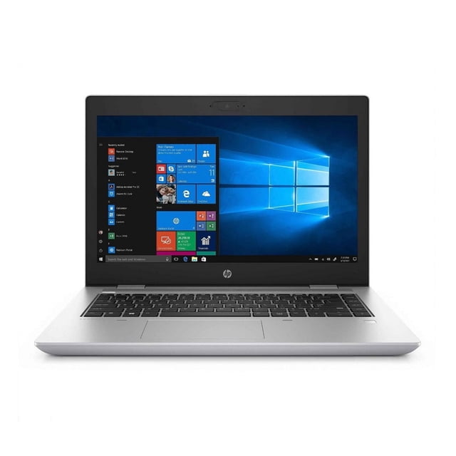 Refurbished HP ProDesk 640 G5 i5-8265U Laptop with 16GB RAM and 256GB SSD, front-facing with Windows 10 Pro 64 Bit start menu on screen, silver chassis, black keyboard, and HP logo below display, often used for business and professional tasks.