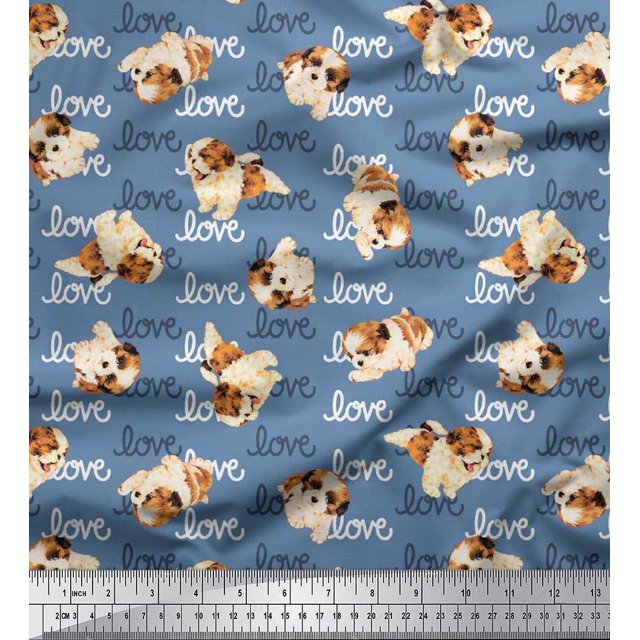 Soimoi polyester Crepe Fabric Love Text & Puppies Dog Printed Fabric 1 Yard 42 Inch Wide