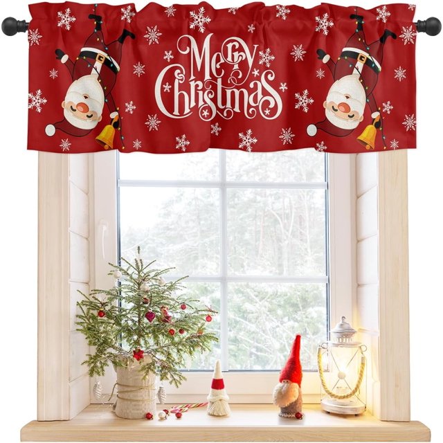 Cantonnières Rouges « Merry Noël » pour Fenêtres de Cuisine, Cantonnières Amusantes avec Père Noël Suspendu, Poche pour Tringle, Garnitures de Traitement de Fenêtre pour Cuisine/salon/chambre/salle de Bain, 54 Pouces X 18 Pouces, Neige Hiver Fête