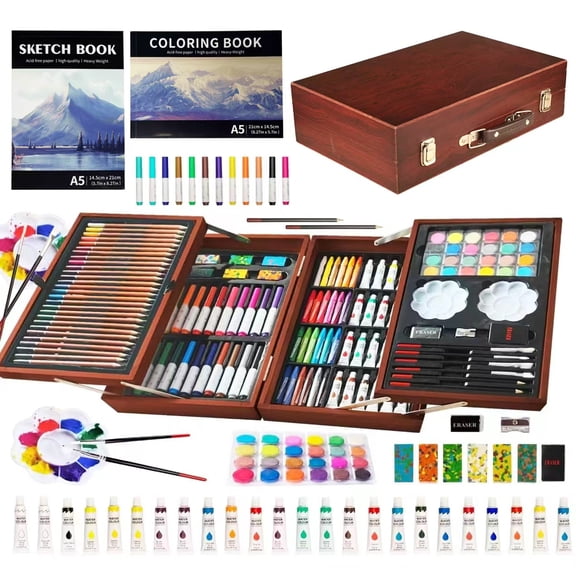 KINSPORY Ensemble de 139 Pcs de Luxe Portable à Double Couches en Bois pour Colorier et Dessiner avec Blocs à Croquis, Coffret d'Art Cadeau pour Artistes Adultes Débutants Enfants (Brun)