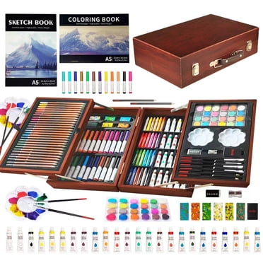 KINSPORY Ensemble de 139 Pcs de Luxe Portable à Double Couches en Bois pour Colorier et Dessiner avec Blocs à Croquis, Coffret d'Art Cadeau pour Artistes Adultes Débutants Enfants (Brun)