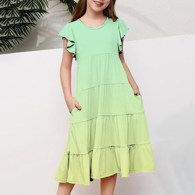 Robes pour Filles - Robe d'Été Élégante à Col Rond Manches à Volants Superposée Ligne A Dégradé pour Jeunes Filles