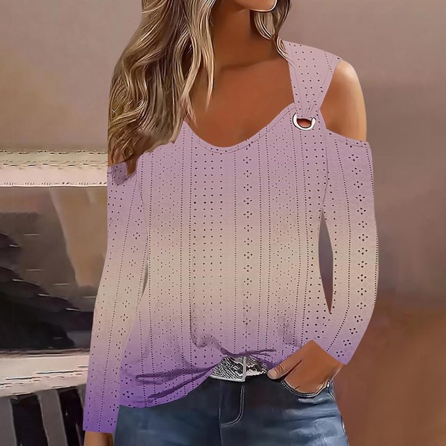 RXIRUCGD Haut à Enfiler Décontracté de Mode pour Femme à Dégradé à Manches Longues avec Épaule Manquante, Rose, Taille : M
