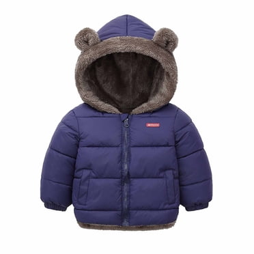 Toddler Winter Down Coat with Hoods, Baby Girls Boys Fleece Lined Puffer Jackets, Cute Ear Kids Long Sleeve Hooded Padded Jacket Windbreaker Outerwear Navy 7-8T
