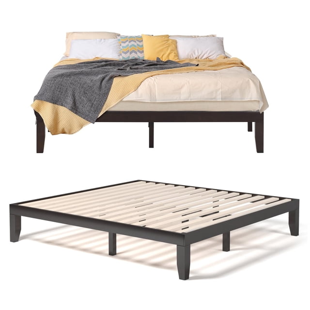 Giantex 14-inch solid wood platform bed frame in espresso finish, designed for king size mattresses. The sturdy rubber wood frame includes 14 evenly spaced slats and multiple support legs, offering a weight capacity of up to 500 lbs. Features 10.5-inch clearance underneath for storage, ideal for homes, apartments, and hotels. The top image shows the bed frame with bedding, while the bottom image highlights the slatted foundation without a mattress, showcasing its modern design and functionality.