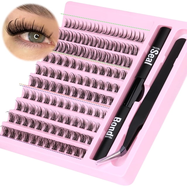 HSHDLDF Lash Extension Kit Lash Clusters Eyelash Extension Kit 114Pcs Cluster Lashes Bond and Seal Individual Eyelash Clusters Kit Lash Applicator Tool for Self Application at Home