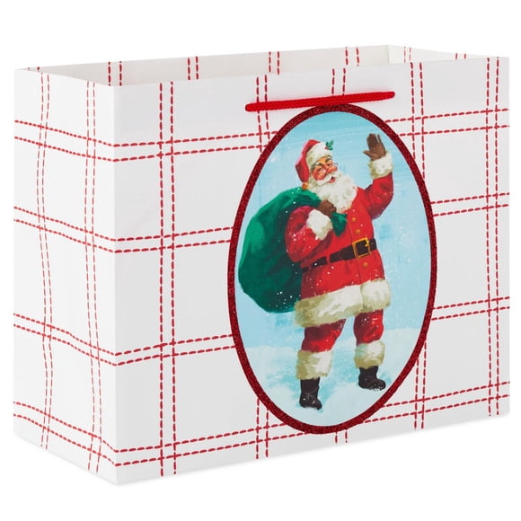 Hallmark Medium Horizontal Christmas Gift Bag (Santa on Red Plaid)
