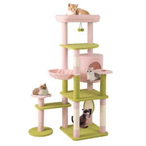 Gymax 58'' En peluche arbre de chat Floral Escalade arbre multi-niveau tour de chat avec panier rond