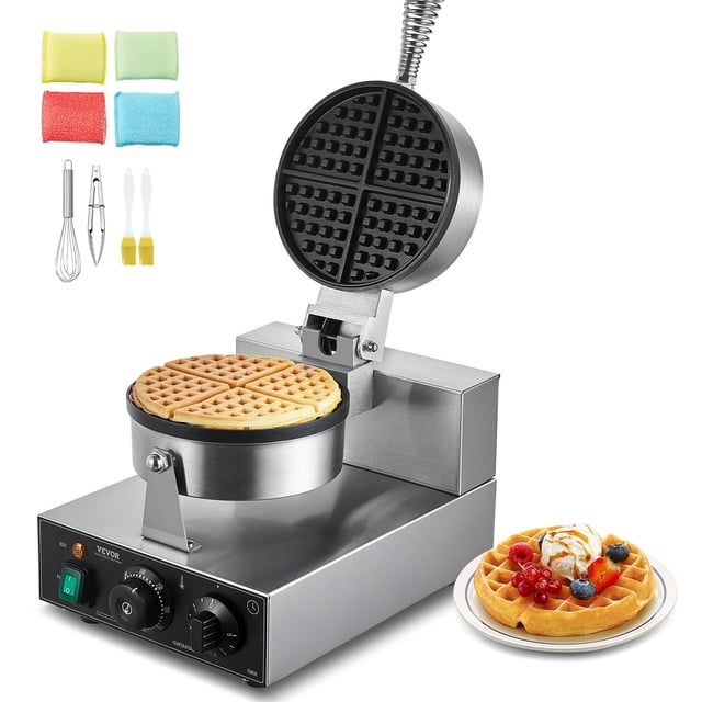 VEVOR Gaufrier Commercial Rond, Fer à Gaufres Boulanger Antiadhésif 1230 W avec Corps en Acier Inoxydable et Plaques de Cuisson Antiadhésives. la Machine Présente un Moule à Gaufres Rond, des Commandes Précises de Température et de Minuterie, et une structure de support Triangulaire Robuste. les Accessoires Incluent des Brosses, des Éponges, un Fouet, une Pince Alimentaire et une Assiette de Gaufres avec Garnitures Exposées à Proximité.