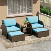 5 Piece Patio Rattan Conversation Set, Outdoor Wicker Furniture Set with Tempered Glass Coffee Table, Rattan Chairs with Ottomans & Thick Soft Cushions for Garden Backyard Porch, Blue