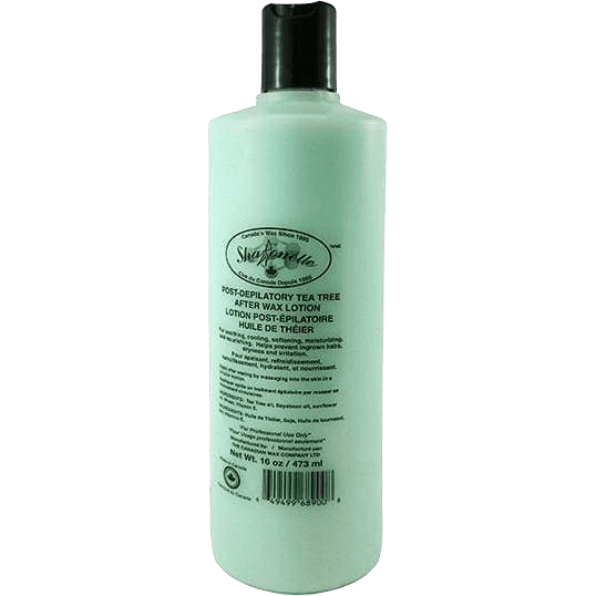 Sharonelle Post-Depilatory Tea Tree After Wax Lotion, 473 ml bottle with a black flip-top cap. The light green bottle displays product details emphasizing its soothing, moisturizing, and nourishing benefits for post-waxing relief. Contains tea tree oil, vitamin E, and other natural oils, suitable for body care.
