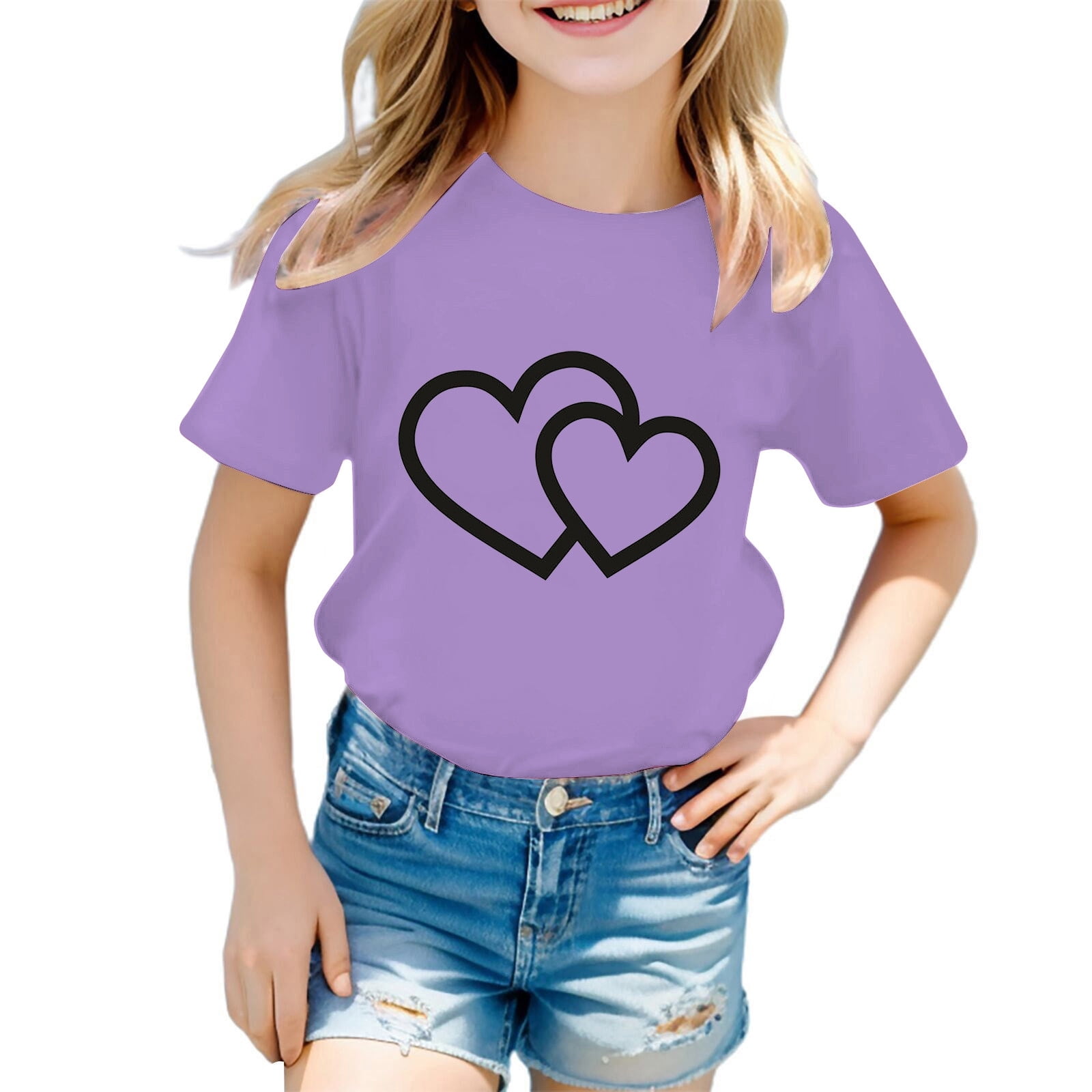 XDZJLR Chemises Filles Enfant Mignon Graphique Col Rond Manches Courtes Vêtements d'Été Décontractés Violet 11-12 Ans