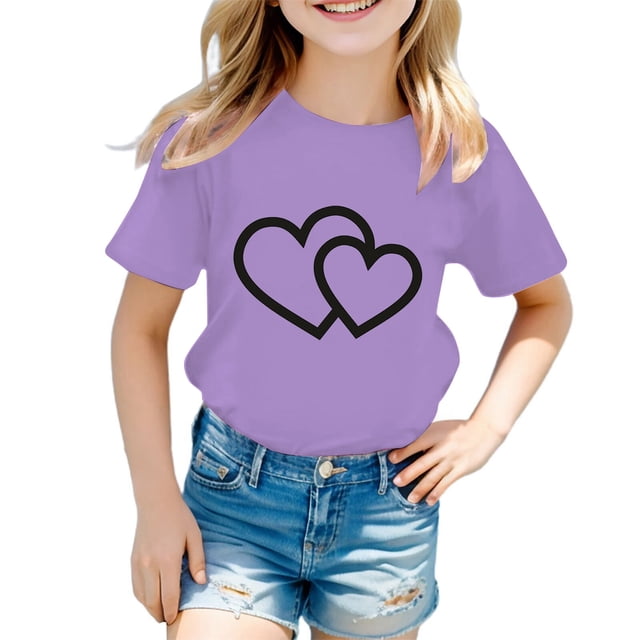 LUOGENLI T-Shirt pour Filles Enfant Filles Mignon Graphique Col Rond Manches Courtes Tee Été Décontracté T-Shirt Maxi Chemises pour Filles 2025 Vacances Violet 3-4 Ans