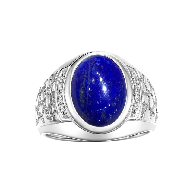 RYLOS Men's Rings 14K White Gold Nugget Ring with Cabochon Gemstone & Diamonds Lapis Rings For Men Size 10