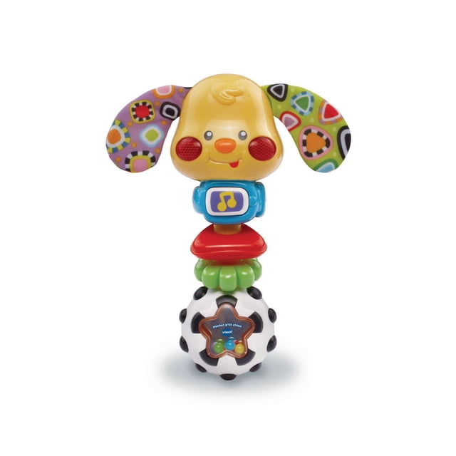 VTech Rattle & Sing Puppy™ - French Version infant rattle, front-facing plush puppy toy with easy-grasp curved body; shake to hear internal bead rattle and press music button for French phrases and songs, light-up cheeks, crinkly colourful ears, two textured rings that rattle and turn to build motor skills and teach cause-and-effect play.