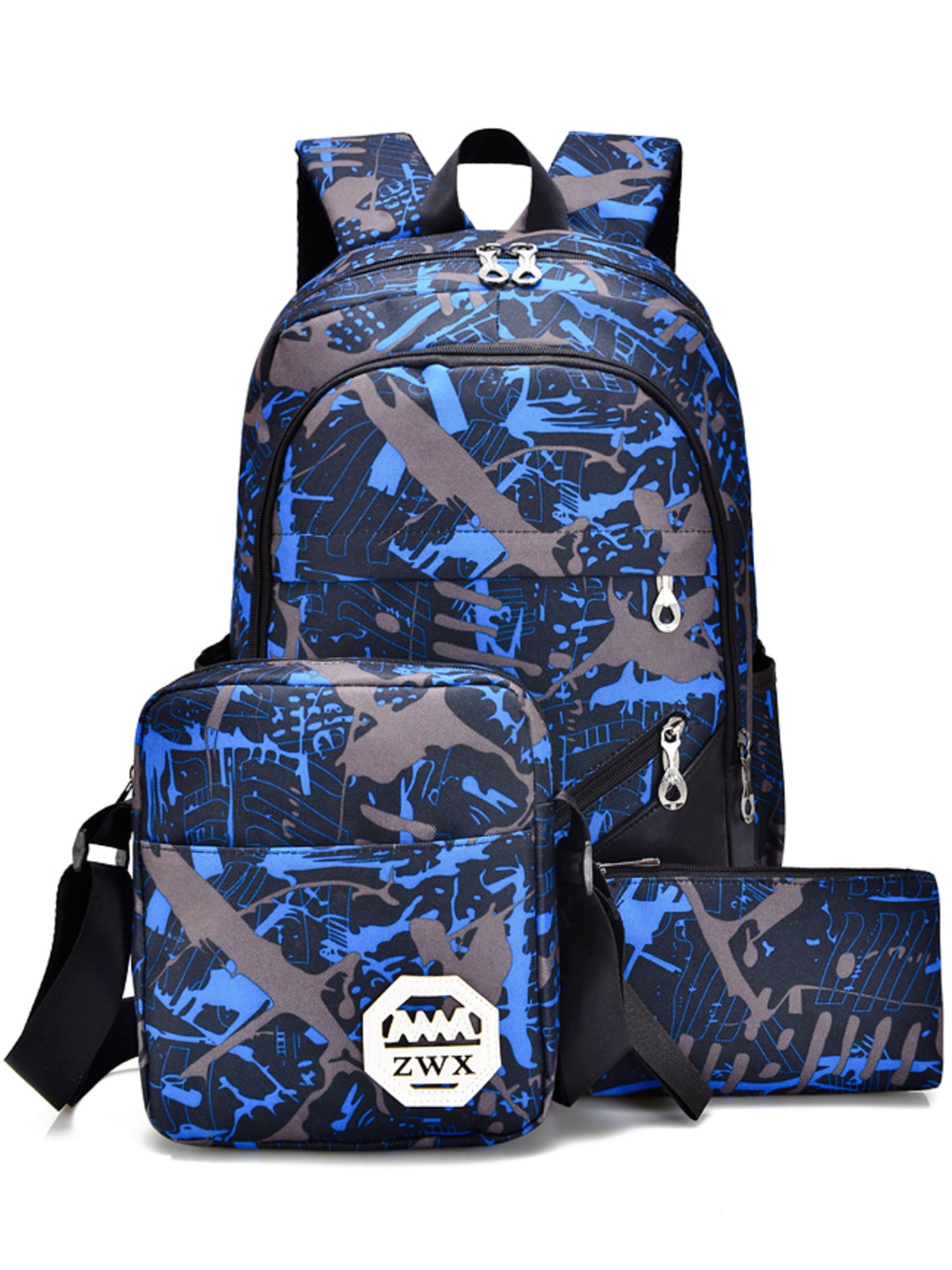 School Backpack Boys Backpack with Lunch Bag and Pencil Case, 3-in-1 School Bag Set Camouflage Printed Bookbag for Primary Middle School Students, Blue