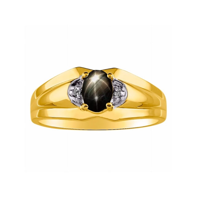 RYLOS Mens Rings 14K Yellow Gold Classic Design 7X5MM Oval Gemstone & Diamond Black Star Sapphire March Birthstone Ring Size 8