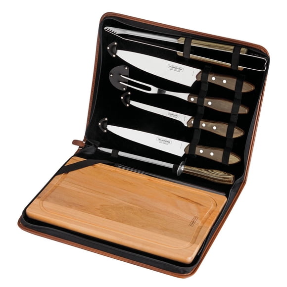 Tramontina Churrasco 8-Piece Stainless Steel BBQ Carving Set with Carry Case, Wood Cutting Board, Knife set