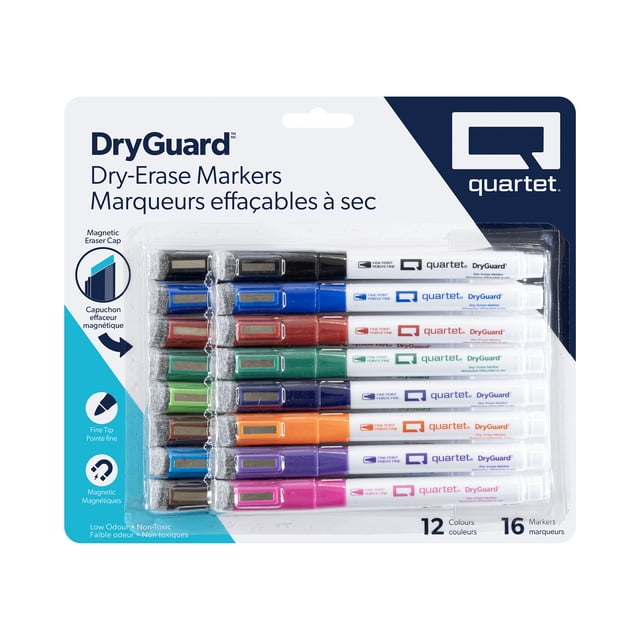 Quartet DryGuard Dry Erase Markers with Eraser, fine tip, assorted ink colours, pack of 16 markers in 12 colours including black, blue, red, green, purple, lime, orange, brown, amethyst, aqua, hot pink, and garnet. Features magnetic eraser caps, low-odor, non-toxic ink, and fine tips ideal for detailed writing on whiteboards in office or school settings.