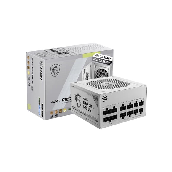 MSI - MAG A850GL PCIE5 WHITE, 80+ GOLD Fully Modular Gaming PSU, 12V-2x6 Cable, ATX 3.1 & PCIE 5.1 Ready, 850W Power Supply, 10 Year Warranty