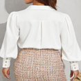 thumbnail image 4 of Women Spring Autumn Retro Bishop Sleeve Shirt Office Lady Solid Color/Leopard Print Lapel Long Sleeve Button-Up Tops Green S, 4 of 8