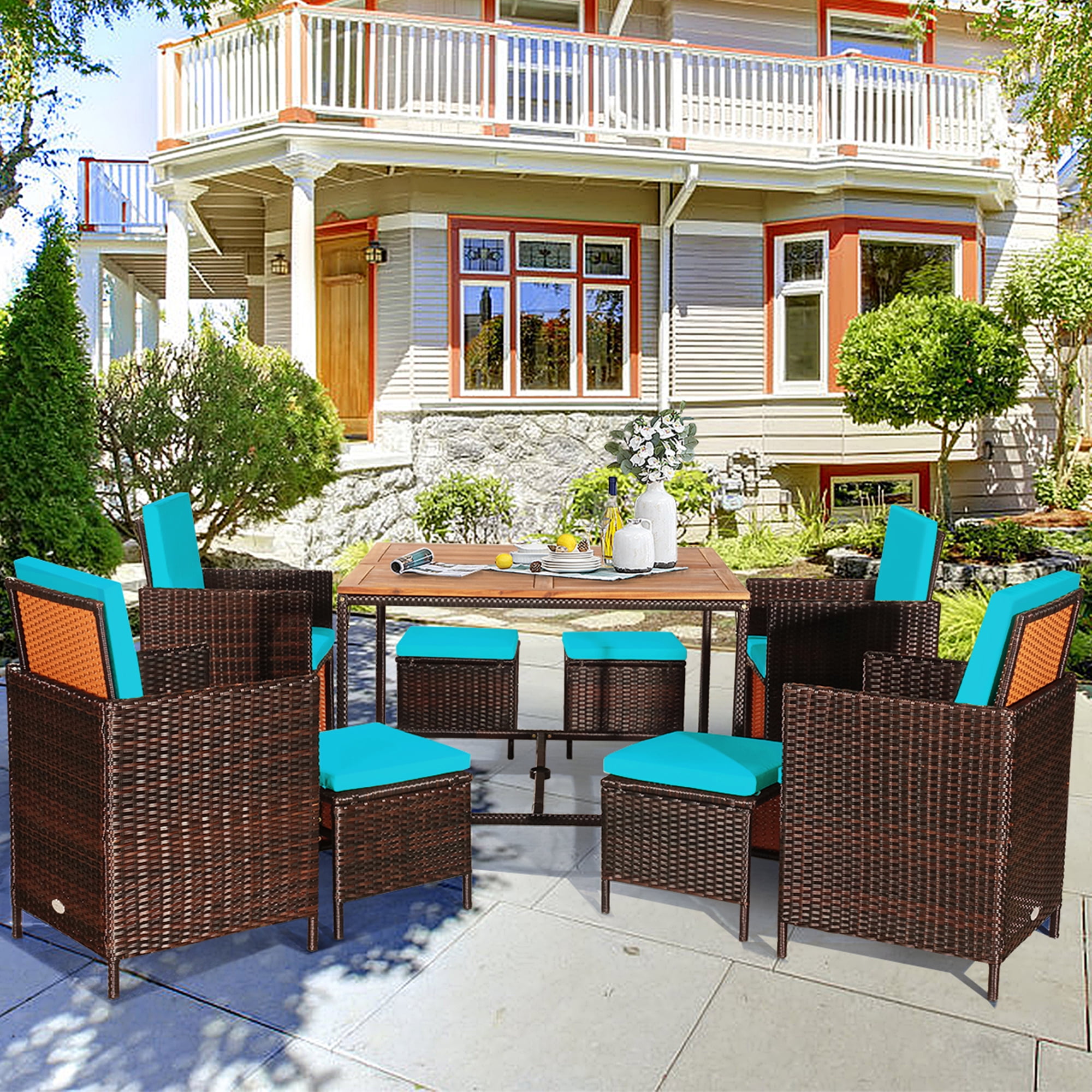 Gymax Ensemble de Salle à Manger en Rotin Osier 9 Pcs avec Coussin Turquoise