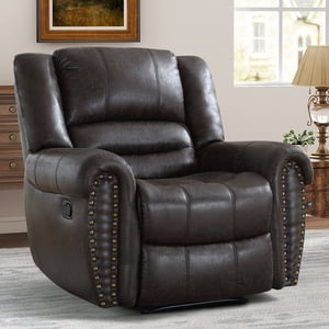 Bonzy Home Classic Manual Recliner Chair, PU Leather Recliners with Vintage Rivets Decoration, Push Back Single Reclining Sofa for Living Room, Bedroom, Dark Brown