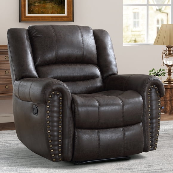 Bonzy Home Fauteuil Inclinable Manuel Classique, Fauteuils Inclinables en Cuir PU avec Décoration de Rivets Vintage, Sofa Inclinable Simple à Poussée pour Salon, Chambre, Brun Foncé