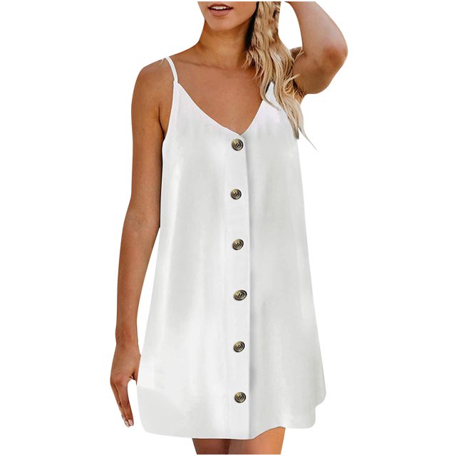 Fridja Robe Courte Sans Manches à Bretelles Col en V Couleur Unie pour Femme