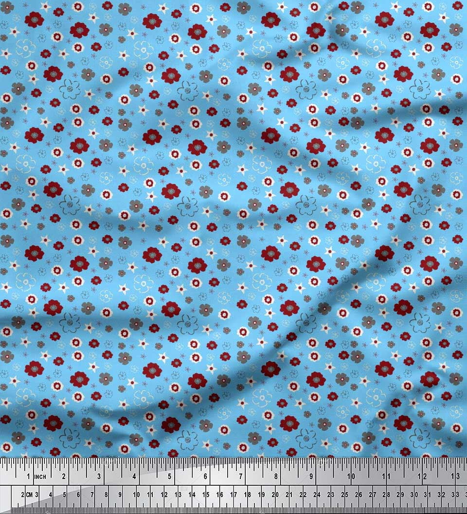Soimoi Blue polyester Crepe Fabric Flower Artistic Print Fabric by Yard 52 Inch Wide