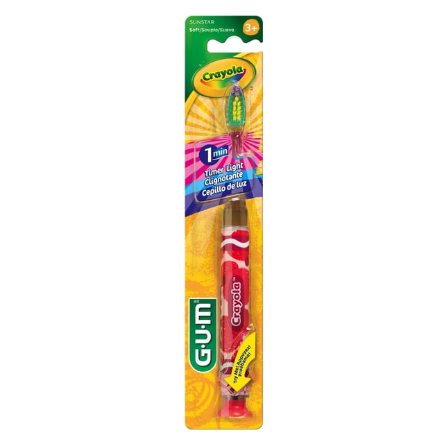 GUM® CRAYOLA™ Kids Timer Light Toothbrush in packaging for ages 3+, with a red handle featuring Crayola branding, soft multicolour bristles, and a 1-minute flashing timer light to promote healthy brushing habits.