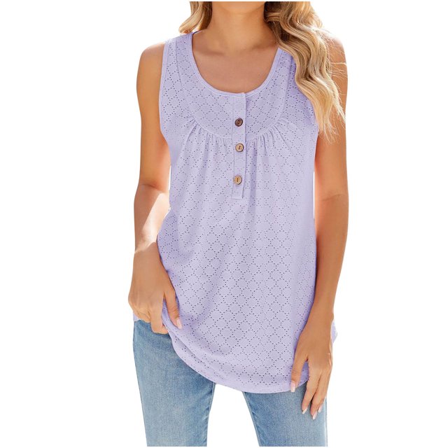 Timegard Womens Tank Tops Round Neck Button Ruched Eyelet Sleeveless Top Casual Tunic Top for Leggings