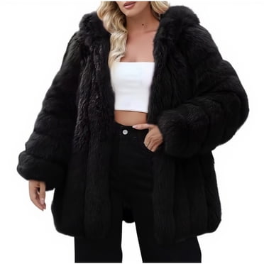 Lovzfmll Women's Faux Fur Coat, Warm Winter Solid Hooded Outerwear Style Black, M