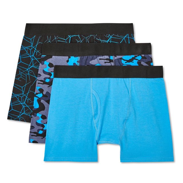 George Boxeurs pour Hommes, Lot de 3, Incluant Trois Paires de Boxeurs en Tricot de Coton et spandex, Motifs Bleus Assortis : Bleu Uni, camouflage Bleu et Noir, et Noir avec Lignes Géométriques Bleues, Chacun avec une Grand Taille Élastique Anti-Roulis et des Coutures Plates pour une Respirabilité et un Confort au Quotidien.