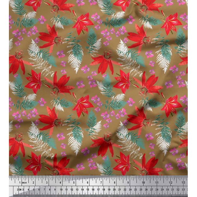 Soimoi Poly Georgette Fabric Spruce Leaves & Lily Floral Print Fabric by Yard 42 Inch Wide