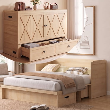 PUREMIND Lit Escamotable Format Grand avec Matelas Inclus, Lit Armoire avec Ports de Recharge USB et Tiroir pour Chambre d'Amis/maison/bureau, Bois Naturel
