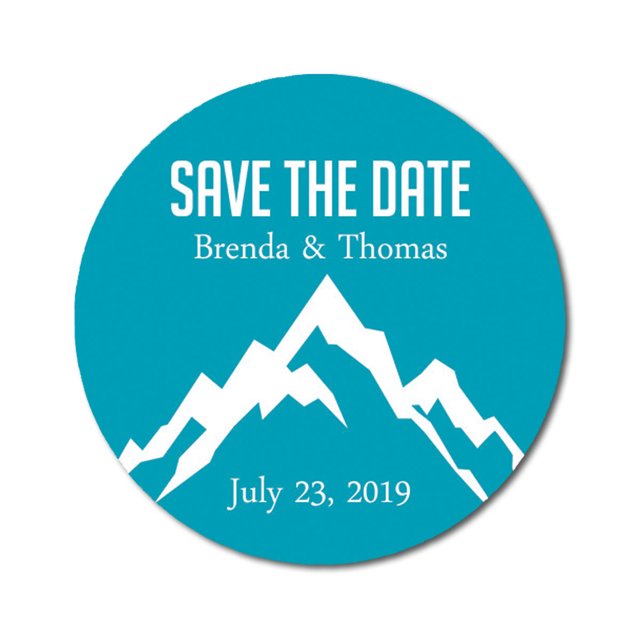 Darling Souvenir Round 45 Pcs Snowy Mountain Save The Date Stickers Personalized Bride Groom Names And Date Envelope Seals - Turquosie